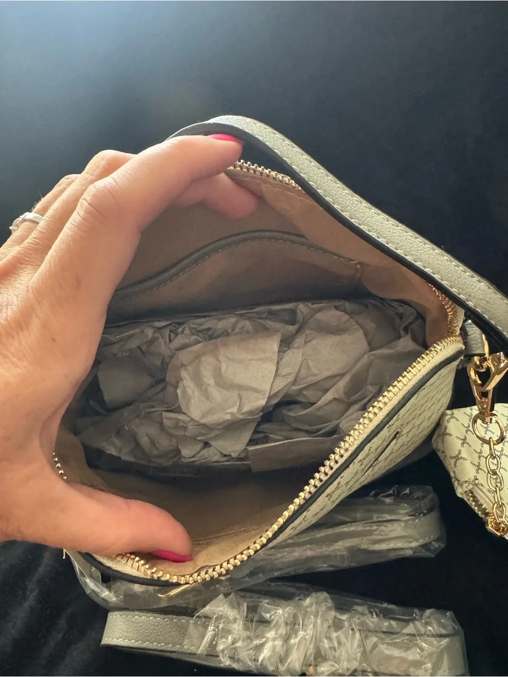 Gray Monogram Crossbody Bag with Gold Hardware vegan leather